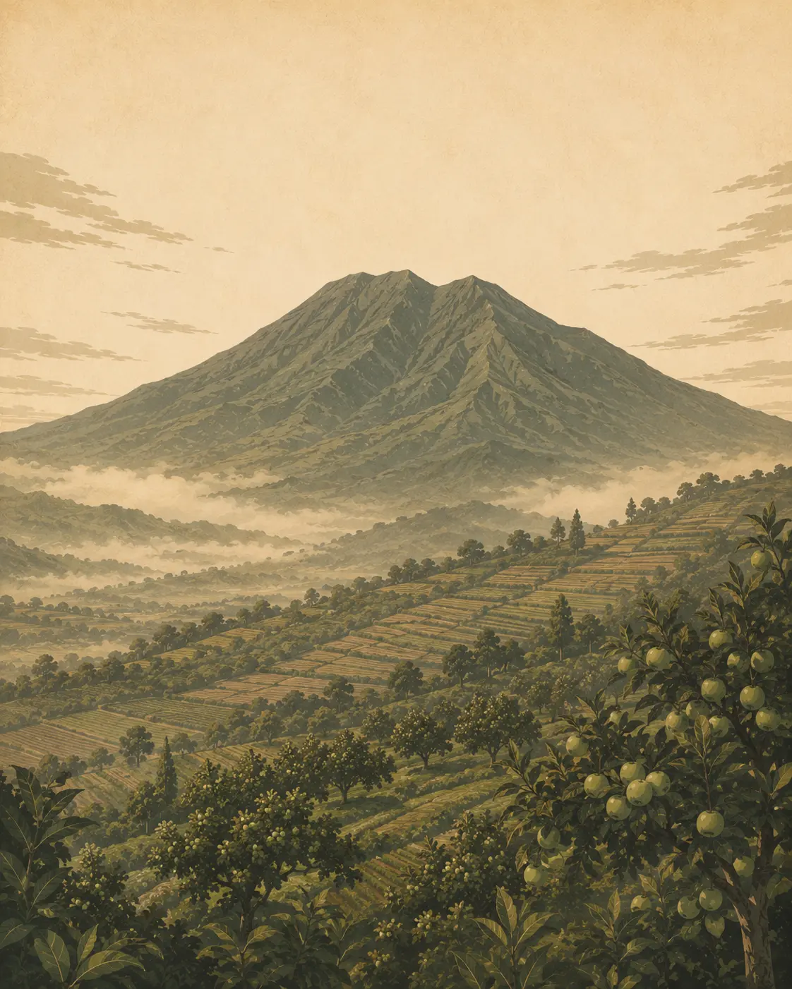 Ilustrasi klasik Gunung Arjuno dengan kebun apel dan ladang bertingkat hijau di lerengnya