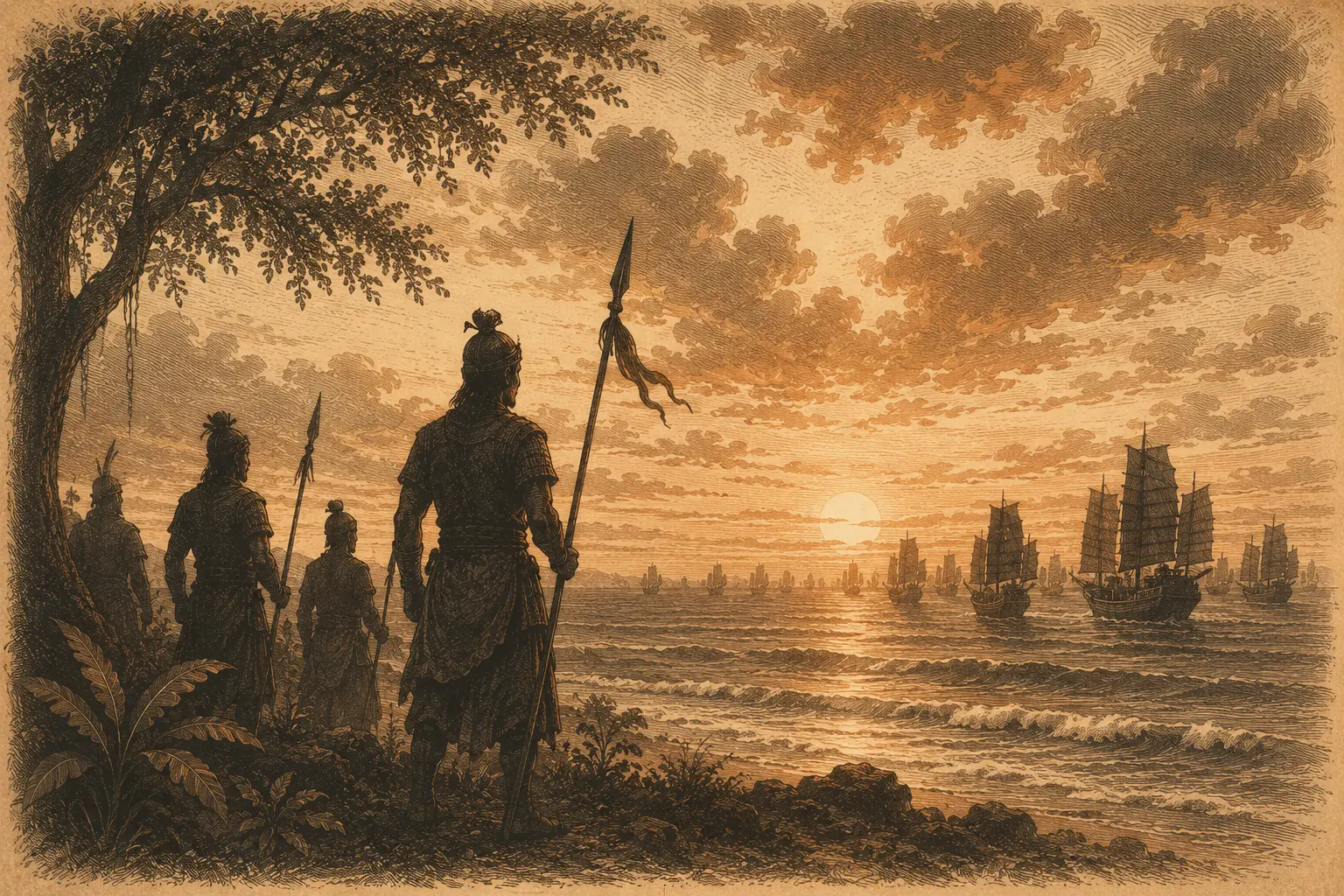 Gravir klasik prajurit Jawa bertombak di pantai menyaksikan armada kapal Mongol berlayar pergi saat matahari terbenam
