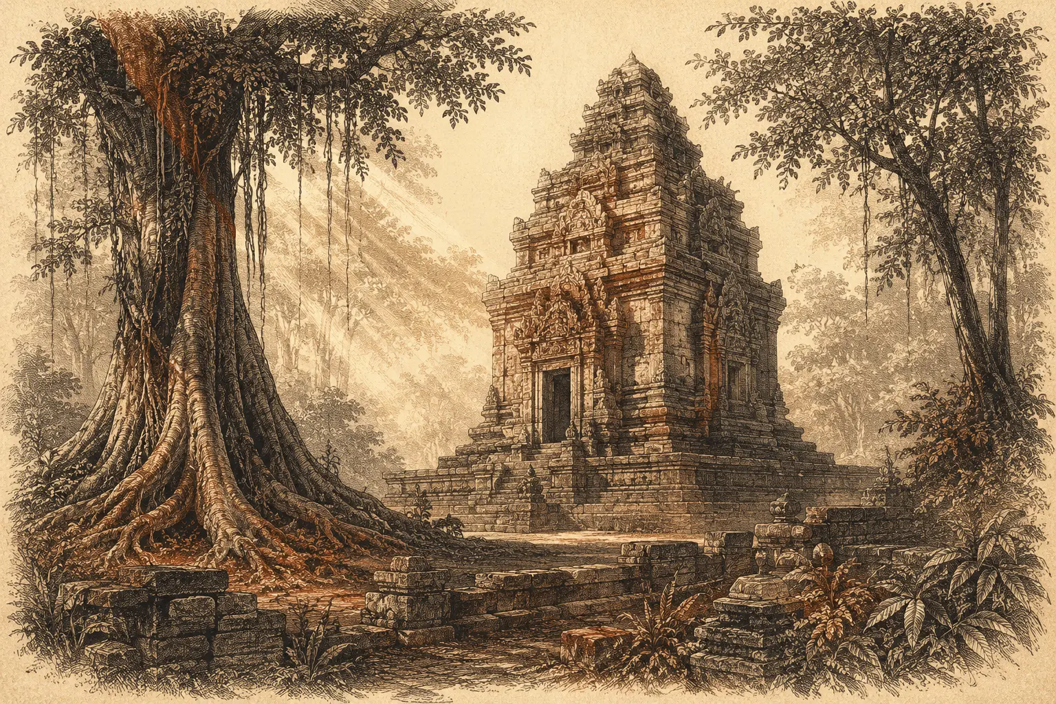 Gravir klasik candi Jawa Timur kuno di antara pohon beringin tua dengan cahaya pagi menembus dedaunan