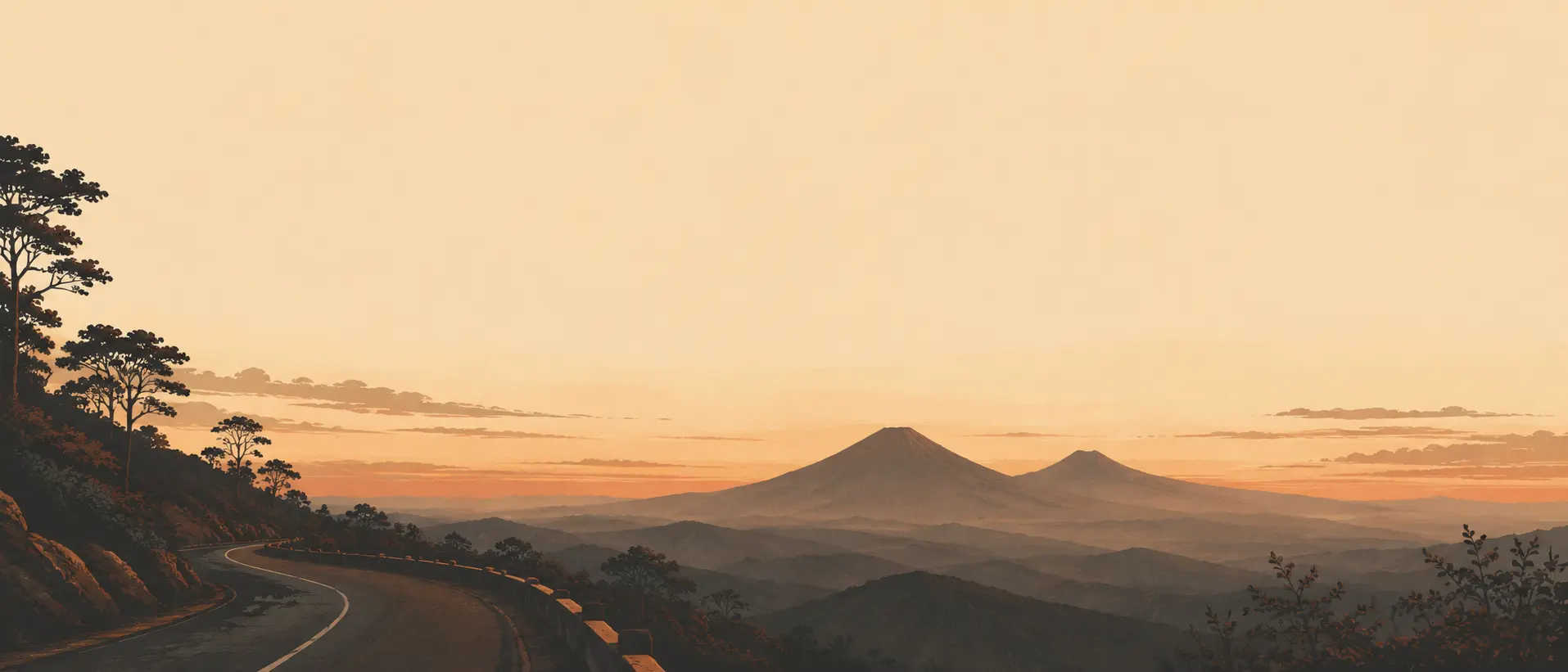 Jalan pegunungan berkelok menuju dua puncak gunung di kejauhan saat senja berwarna krem keemasan