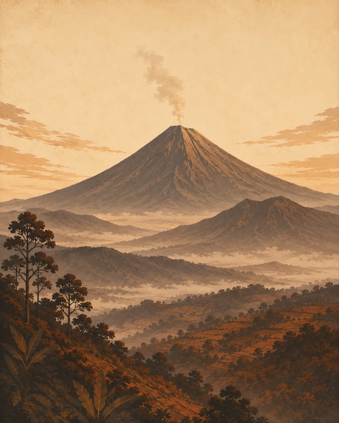 Ilustrasi klasik Gunung Semeru mengepulkan asap tipis di atas perbukitan Malang bernuansa cokelat hangat